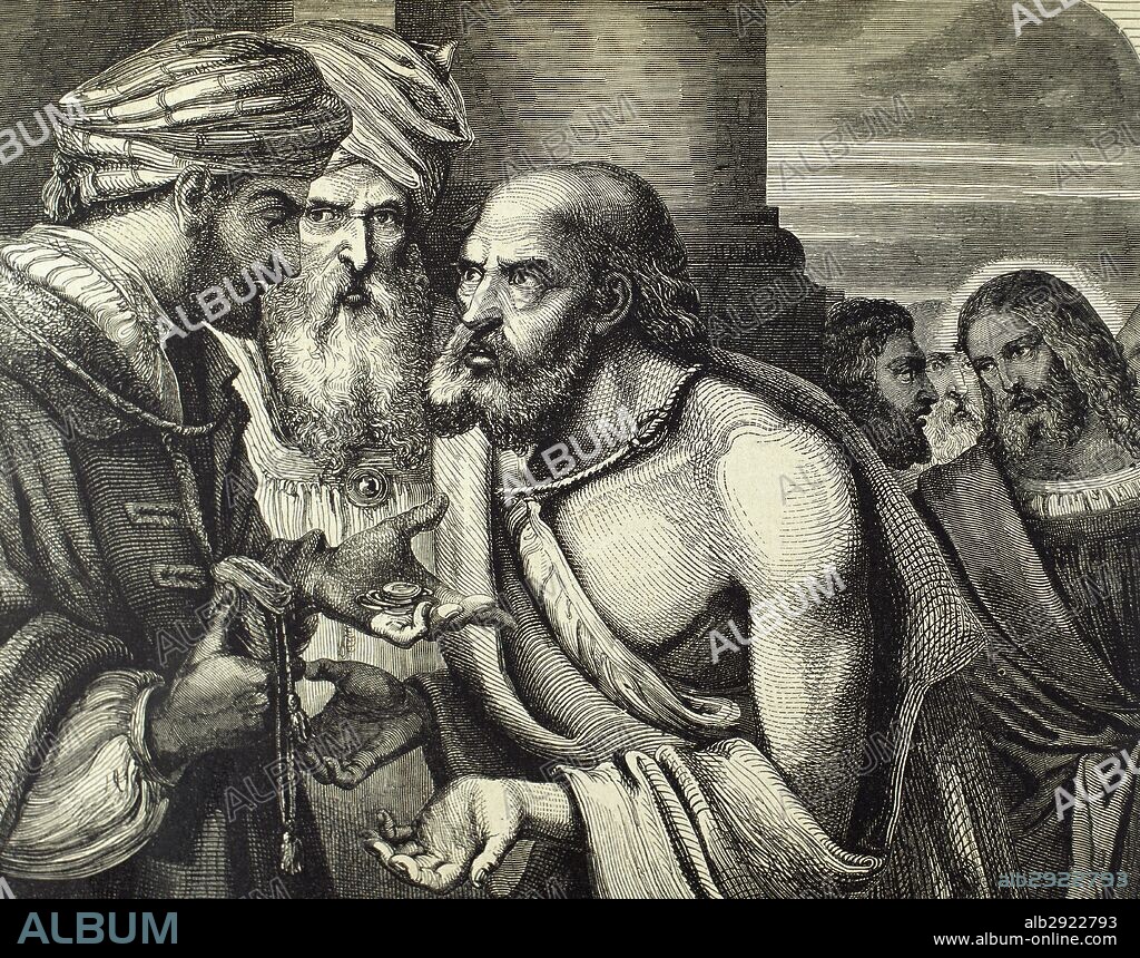 JUDAS ISCARIOTE. Uno de los doce apóstoles. Se encargaba de administrar el dinero de los discípulos. Traicionó a Jesucristo, besándole como señal de identificación para que pudieran prenderlo en el huerto de Getsemaní. Recibió en pago treinta monedas de plata; arrepentido, se ahorcó. Grabado.