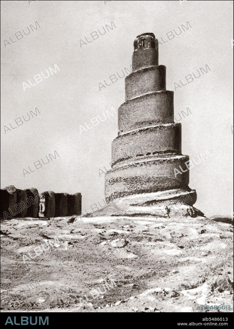 The Minaret of Samarra, also known as the Malwiya Minaret or Malwiya Tower is part of the Great Mosque of Samarra in Samarra, Iraq. The mosque is one of the largest in the world, and was built by the Abbasid caliph Al-Mutawakkil. The minaret was originally connected to the mosque by a bridge. The minaret or tower was constructed in 848 – 852 out of sandstone, and is unique among other minarets because of its ascending spiral conical design. 52 meters high and 33 meters wide at the base, the spiral contains stairs reaching to the top. The word ‘malwiya’ translates as ‘snail shell’. Unlike most minarets, the Malwiya was not used for the call to prayer, as its height made it impractical for such use. However, it is visible from a considerable distance in the area around Samarra and therefore may have been designed as a strong visual statement of the presence of Islam in the Tigris Valley.