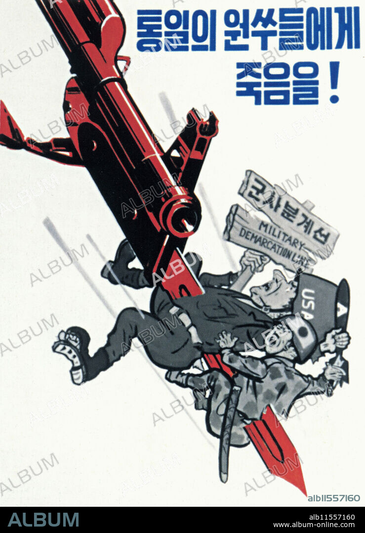 UNKNOWN. North Korea, officially the Democratic People's Republic of Korea (DPRK), is a country in East Asia, in the northern part of the Korean Peninsula.  It is a communist dictatorship still officially at war with its southern neighbor, South Korea.  North Korea produces an abundant supply of propaganda to motivate and control its populace.  This poster is one such example.