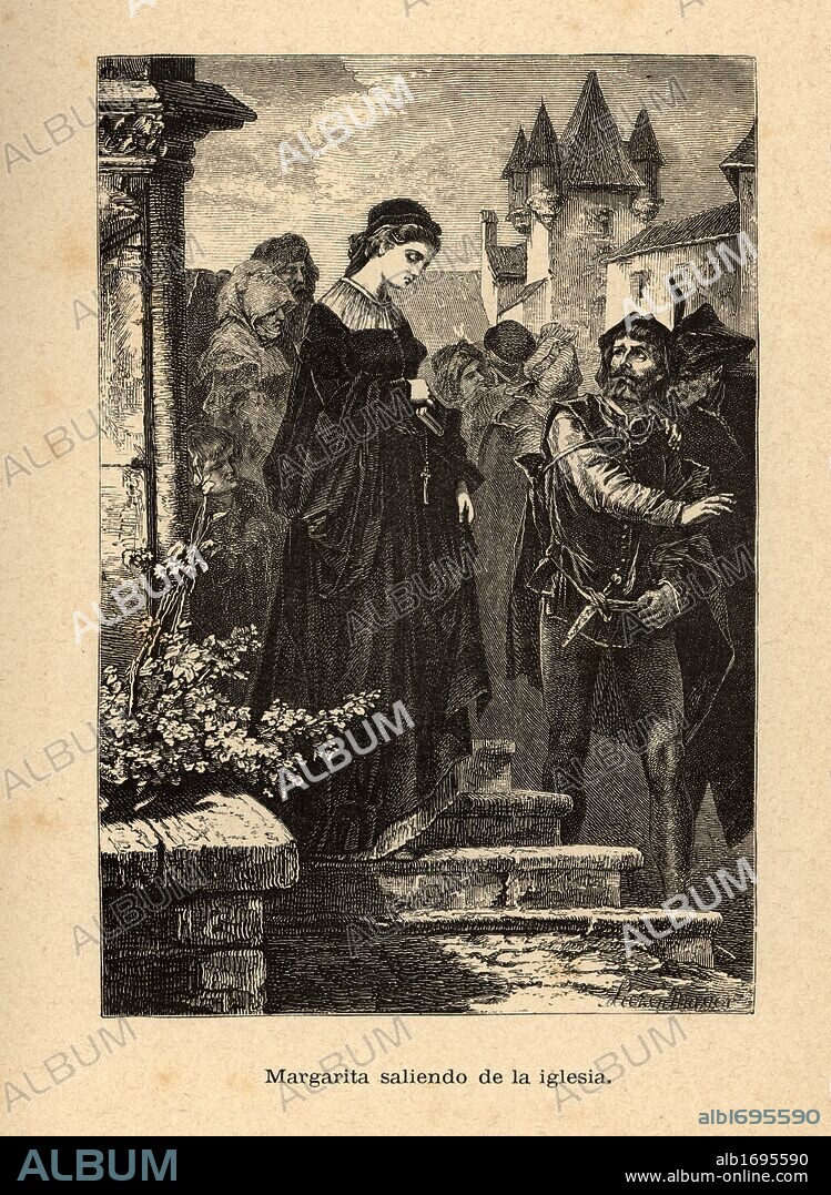 Margarita saliendo de la iglesia. Grabado de Liezen Mayer para la novela Fausto, de Johann Wolfgang Goethe (Frankfurt, 1749-Weimar, 1832). Año 1882.