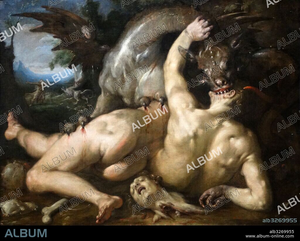 Painting titled 'Two Followers of Cadmus devoured by a Dragon' by Cornelis van Haarlem (1562-1638) a Dutch Golden Age painter and Draughtsman. Dated 16th Century.