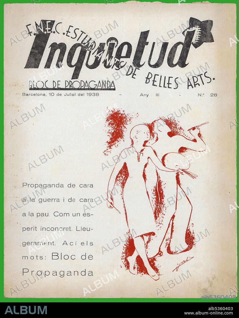 España. Portada de la revista Inquietud, Bloc de Propaganda, de la FNEC Estudiants de Belles Arts, editada en Barcelona, julio de 1938.
