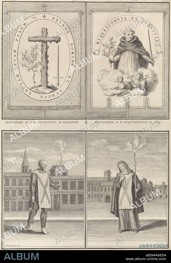 Banners and convicts of the Inquisition, Bernard Picart (workshop of), after anonymous, 1722, Sheet with four representations of banners and convicts of the Inquisition. Top left: The banner of the Spanish Inquisition. Top right: The banner of the Inquisition in Goa. Bottom left: A man accused of heresy, who stands by his conviction. Bottom right: A nun accused of heresy escapes the fire by her confession. Numbered top right: No. 63., print maker: Bernard Picart, (workshop of), Bernard Picart, (mentioned on object), anonymous, Amsterdam, 1722, paper, etching, engraving, h 340 mm × w 225 mm.