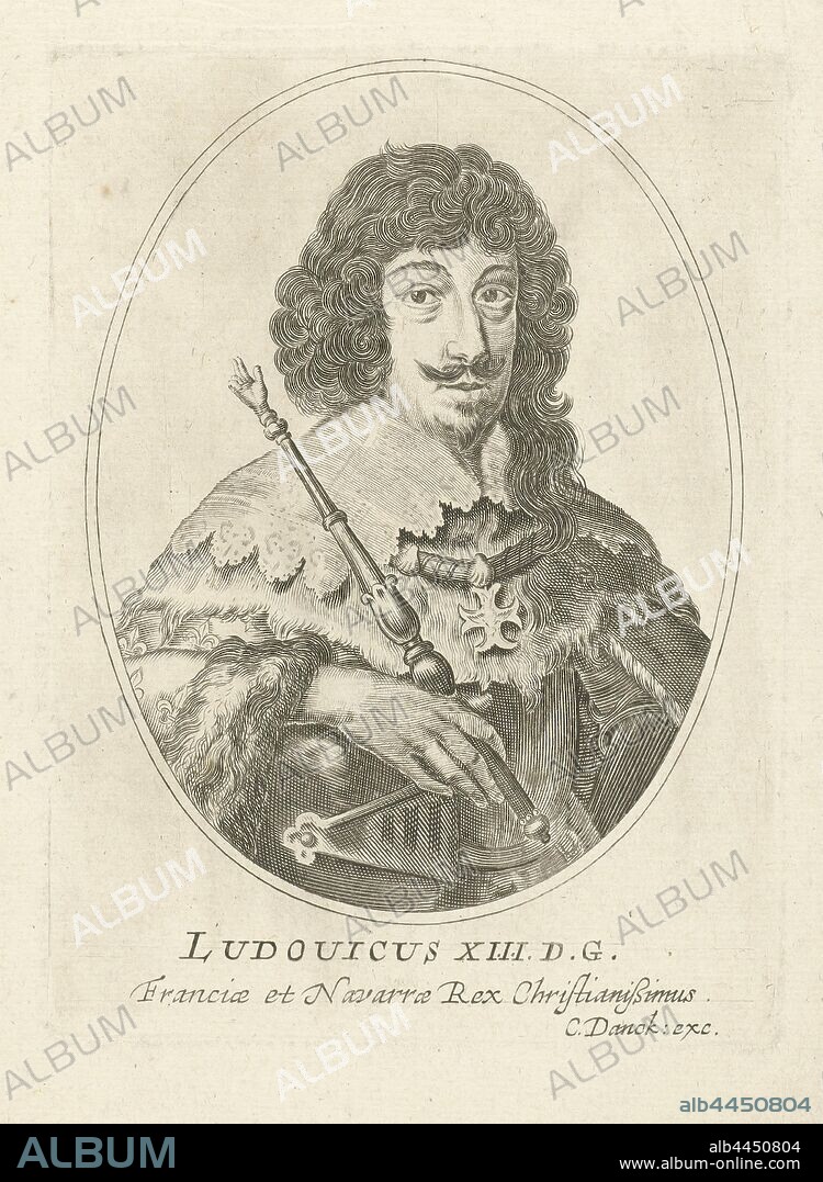 Portrait of Louis XIII, King of France in oval Ludouicus XIII D.G. Franciae and Navarre Rex Christianißimus (title on object), king of France in oval, bust, dressed in royal mantle and scepter in hand, Louis XIII (king of France), Cornelis Danckerts (I), Netherlands, 1613 - 1656, paper, engraving, h 150 mm × w 110 mm.