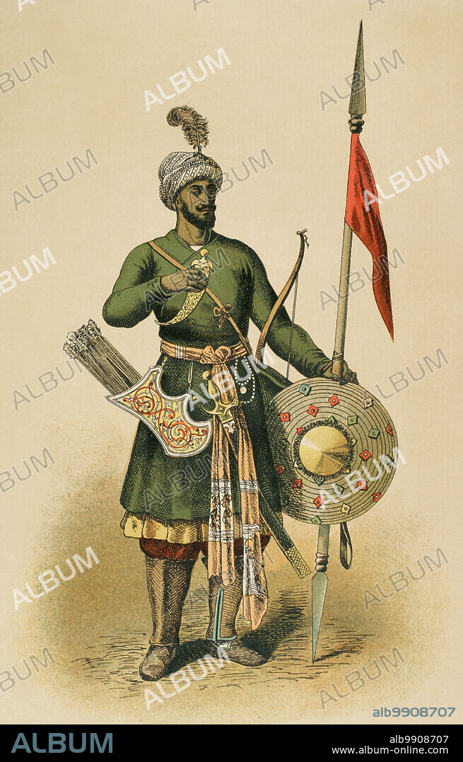 Guerrero hindú del siglo XV. Cromolitografía. "Historia Universal", por César Cantú. Tomo IX, 1881.