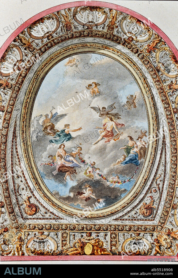 Collection of views LAlbum de Marie - Antoinette. Vues et plans du Petit Trianon à Versailles : the ceiling of the theatre. The watercolors in the collection were commissioned by the Queen of France to Claude-Louis Châtelet. Watercolor, pen and ink, 1781.