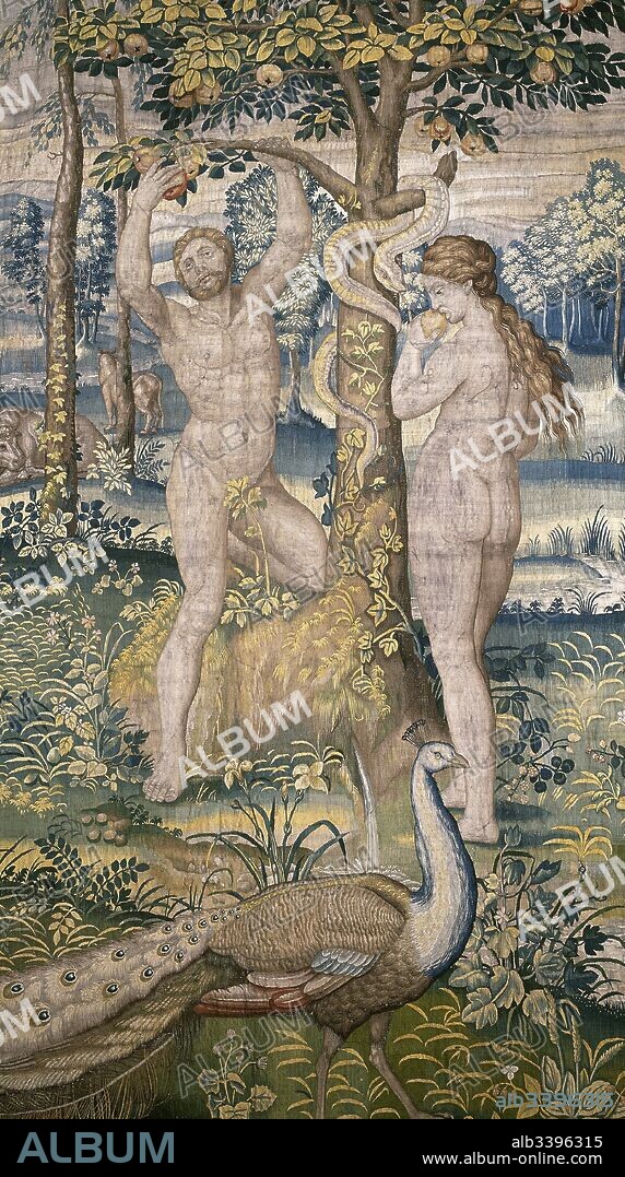 Genesis or The Creation of Man. Series of tapestries manufactured in Brussels, 17th century. Detail of the Tapestry depicting Adam and Eve next to the Tree of Life. Room 5. Tapestries Museum. Royal Palace of La Granja de San Ildefonso, province of Segovia, Castile and Leon, Spain. National Heritage.