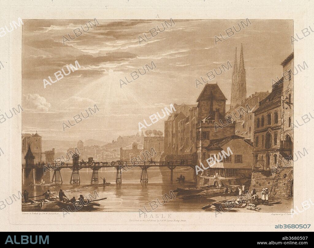 Basle (Liber Studiorum, part I, plate 5). Artist: Designed and etched by Joseph Mallord William Turner (British, London 1775-1851 London). Dimensions: plate: 7 1/4 x 10 1/4 in. (18.4 x 26 cm)
sheet: 8 1/4 x 11 1/4 in. (21 x 28.6 cm). Engraver: Charles Turner (British, Woodstock, Oxfordshire 1774-1857 London). Publisher: Joseph Mallord William Turner (British, London 1775-1851 London). Date: June 11, 1807.
Turner distilled his ideas about landscape In "Liber Studiorum" (Latin for Book of Studies), a series of seventy prints plus a frontispiece published between 1807 and 1819. To establish the compositions, he made brown watercolor drawings, then etched outlines onto copper plates. Professional engravers usually developed the tone under Turner's direction, and Charles Turner here added mezzotint to describe a wooden bridge spanning the Rhine at Basle in Switzerland. Cathedral spires rise above rooftops and the sun breaks through clouds over the river. The letter "A" in the upper margin indicates Turner's category of Architectural landscape.