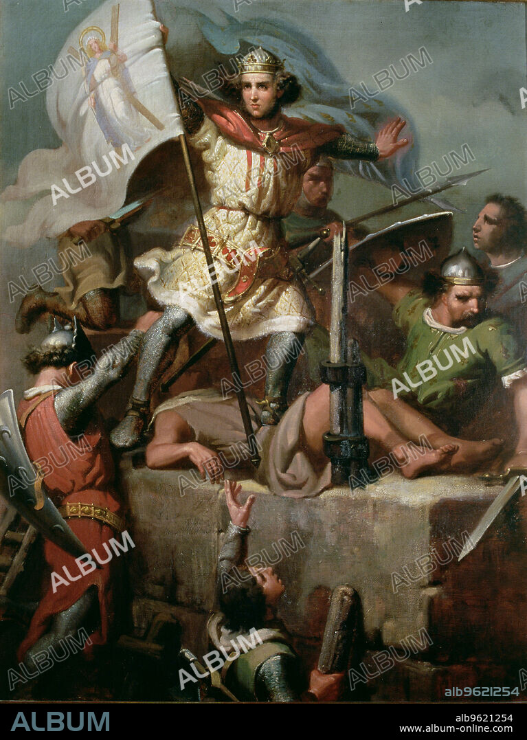 Ramon Berenguer III the Great (1082 - 1131) driving the flag of Barcelona in the tower of the castle of Fos, oil on canvas by Mariano Fortuny.