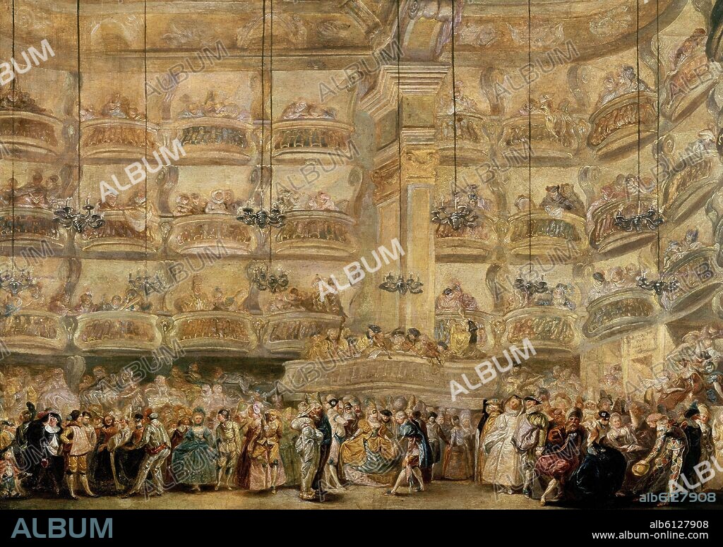 LUIS PARET Y ALCAZAR (1746-1799). BAILE DE MASCARAS EN EL TEATRO DEL PRINCIPE DE MADRID  - HACIA 1767 - O/T - 40x51 - NP 2875 - BARROCO ESPAÑOL.