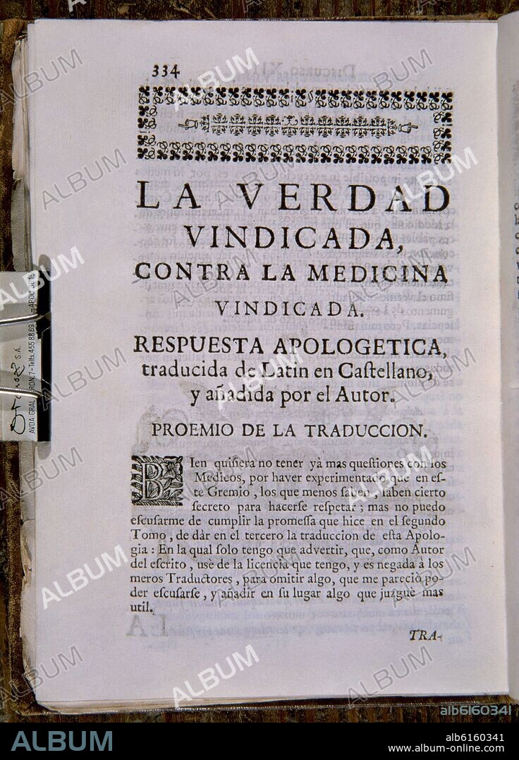 FRAY BENITO FEIJOO (1676-1764). TEATRO CRITICO UNIVERSAL - TOMO III - LA VERDAD VINDICADA - SIGLO XVIII.