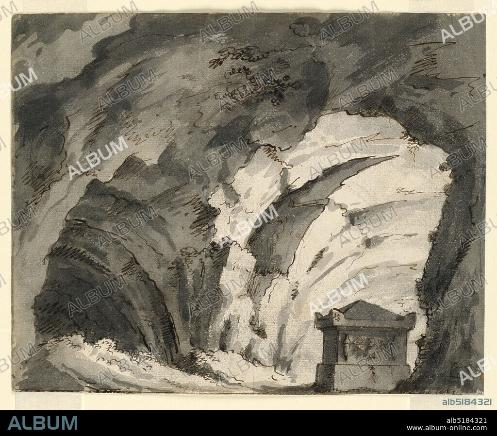 Stage Design, Tomb in a Cave, Romolo Achille Liverani, Italian, 1809 - 1872, Alessandro Sanquirico, Italian, 1777 - 1849, Pen and sepia ink, brush and wash on paper, Horizontal rectangle. Cave with antique tomb at right., Italy, early 19th century, theater, Drawing, Drawing.