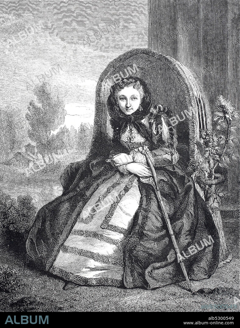 Digital improved reproduction, Young woman in disguise of an old woman in an armchair in the garden, France, original woodprint from th 19th century.