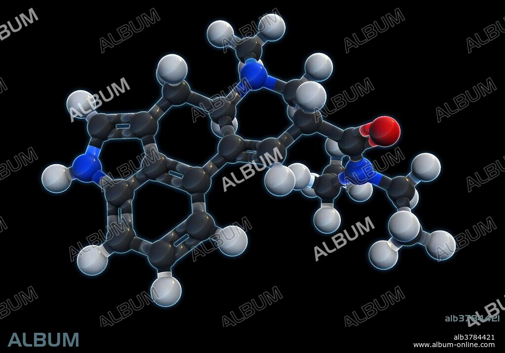 A molecular model of LSD (lysergic acid diethylamide), a psychedelic drug which affects a user's thought process, perceived visuals, sense of time, and may trigger synesthesia and spiritual experiences.  LSD is a colorless, odorless, and tasteless compound, synthesized from a chemical found in a grain fungus grown on rye.  The drug is usually taken in the form of an absorbent blotter paper, sugar cubes, gelatin, or injected with a syringe.  Atoms are colored dark gray (carbon), light gray (hydrogen), red (oxygen), and blue (nitrogen).