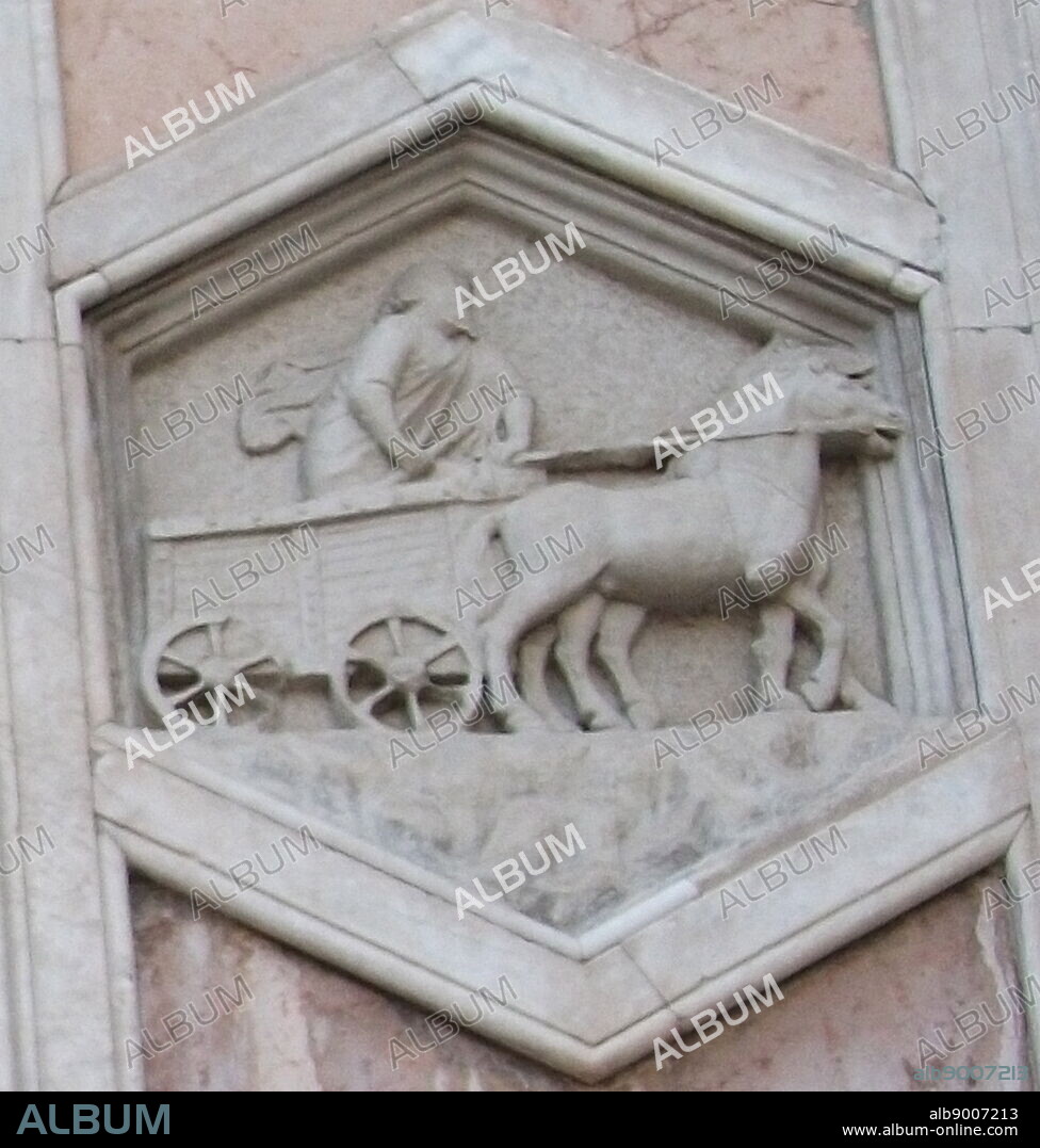 Detail from the façade from the Basilica di Santa Maria del Fiore, more commonly called the 'Duomo'. Florence, Italy. Started in 1296 based on Arnolfo di Cambio's design, but was not complete until 1436 when Filippo Brunelleschi engineered the dome. One of Italy's largest churches. The current façade was designed by Emilio De Fabris in 1871 and was completed in 1887. The original, incomplete façade was dismantled in 1588. The entire façade is dedicated to Christ's mother.