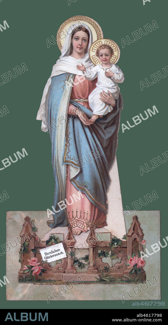 Imagen religiosa troquelada de la Virgen María, madre de Jesús, con el niño en sus brazos. Impreso en Alemania. Año 1900.