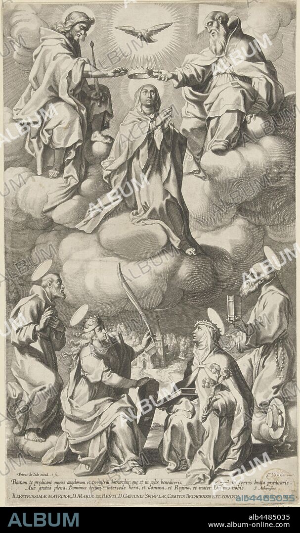 Coronation of Mary, The Virgin Mary is in heaven by God and Christ crowned. Above her the Holy Spirit (as a dove). Among them, on earth, four saints in worship. From left to right: a male saint, St Catherine, St Catherine of Siena and St Hieronymus. In the margin a caption in Latin., Coronation of Mary by God the Father and Christ, the virgin martyr Catherine of Alexandria, possible attributes: book, crown, emperor Maxentius, palm-branch, ring, sword, wheel - female saint as patroness, protectress, intercessor, the virgin and Dominican Tertiary, Catherine of Siena, cross, crown of thorns, crucifix, demon under foot, heart (with cross), lily, plague-stricken, rosary, stigmata, the monk and hermit Jerome (Hieronymus), cardinal's hat, hour-glass, lion, skull, stone - male saint represented in a group, Pieter de Jode (I) (attributed to), Italy, 1590 - 1632, paper, engraving, h 405 mm × w 236 mm.