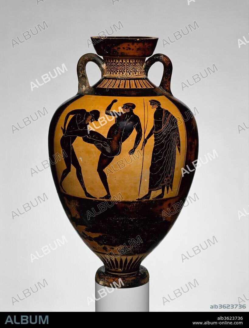 Terracotta Panathenaic prize amphora. Culture: Greek, Attic. Dimensions: H: 25 in. (63.5 cm). Date: ca. 500 B.C..
Obverse, Athena
Reverse, pankration (athletic contest) and judge
After the mid-sixth century B.C., artists' signatures do not appear on Panathenaic prize amphorae.  It seems, however, that certain artists used their own "trademark" shield devices.  The Kleophrades Painter favored Pegasos, the winged horse.  The reverse of this vase depicts the pankration, which combined wrestling, boxing, and kicking.  The inclusion of the judge may highlight the particular danger of the event to the competitors.