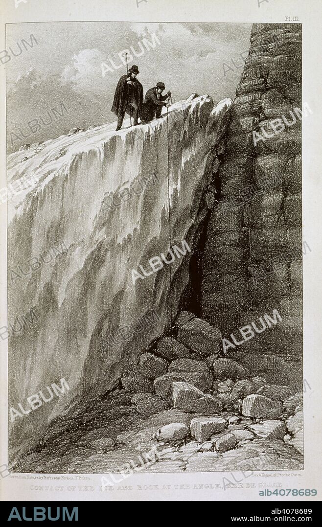 Ice and rock. Travels through the Alps of Savoy and other parts. Edinburgh, 1843. Contact of the ice and rock at the angle, Mer de Glace'. The author, James David Forbes (1809-68), Scottish physicist and glaciologist, studying a glacier in the Alps.  Image taken from Travels through the Alps of Savoy and other parts of the Pennine Chain, with observations on the phenomena of glaciers.   Originally published/produced in Edinburgh, 1843. . Source: 1429.k.7, plate 3 opposite 76. Language: English.
