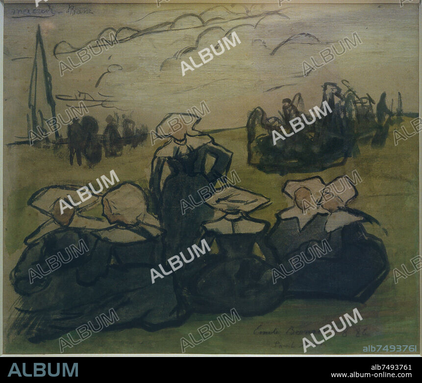 EMILE BERNARD. Bernard, Emile; 1868-1941. "Bretoninnen auf der Wiese", 1886. Schwarze Kreide, Aquarell, Gouache, 45 × 52 cm. Bremen, Kunsthalle.