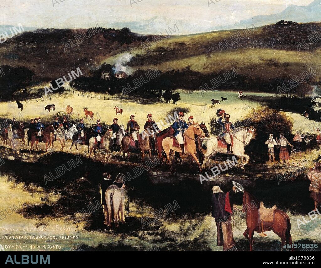 Simon Bolivar (1783-1830) and Francisco de Paula Santander (1792-1840) recapture Bogota after Boyaca's victory in August 1819, painting by Francisco de Paula Alvarez. Colombia, 19th century.