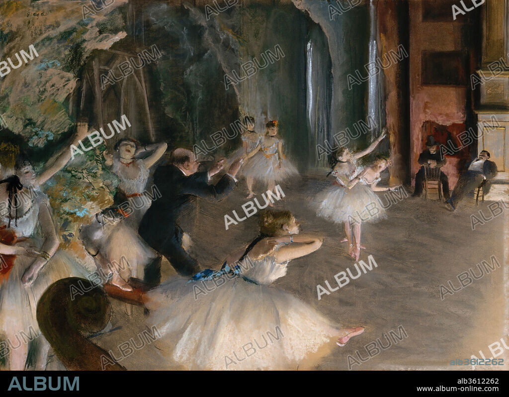 The Rehearsal Onstage. Artist: Edgar Degas (French, Paris 1834-1917 Paris). Dimensions: 21 x 28 1/2 in. (53.3 x 72.4 cm). Date: ca. 1874.
Of the two versions of this composition in the Museum's collection, this one is more freely executed, indicating that it was probably made second. Several of the figures in this pastel differ from those in <i>The Rehearsal of the Ballet Onstage</i> (29.160.26), including the dancer seen from behind on the far left, fingering her bracelet. Both works were executed over an ink drawing on paper, an unusual practice for Degas.