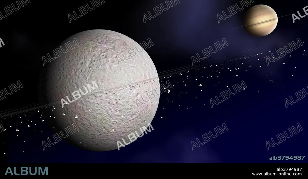 This artist's concept depicts the ring of debris that may orbit Saturn's second-largest moon, Rhea. The suggested disk of solid material is exaggerated in density here for clarity. Due to a decrease in the number of electrons detected by NASA's Cassini spacecraft on either side of the moon, scientists suggest that rings are the likeliest cause of these electrons being blocked before they reach Cassini.