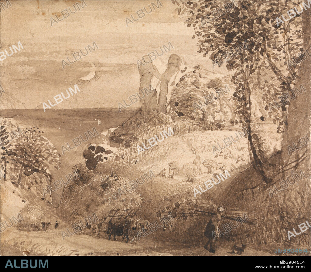 SAMUEL PALMER. A Pastoral Scene. Date/Period: 1835. Painting. Watercolor. Height: 95 mm (3.74 in); Width: 114 mm (4.48 in).