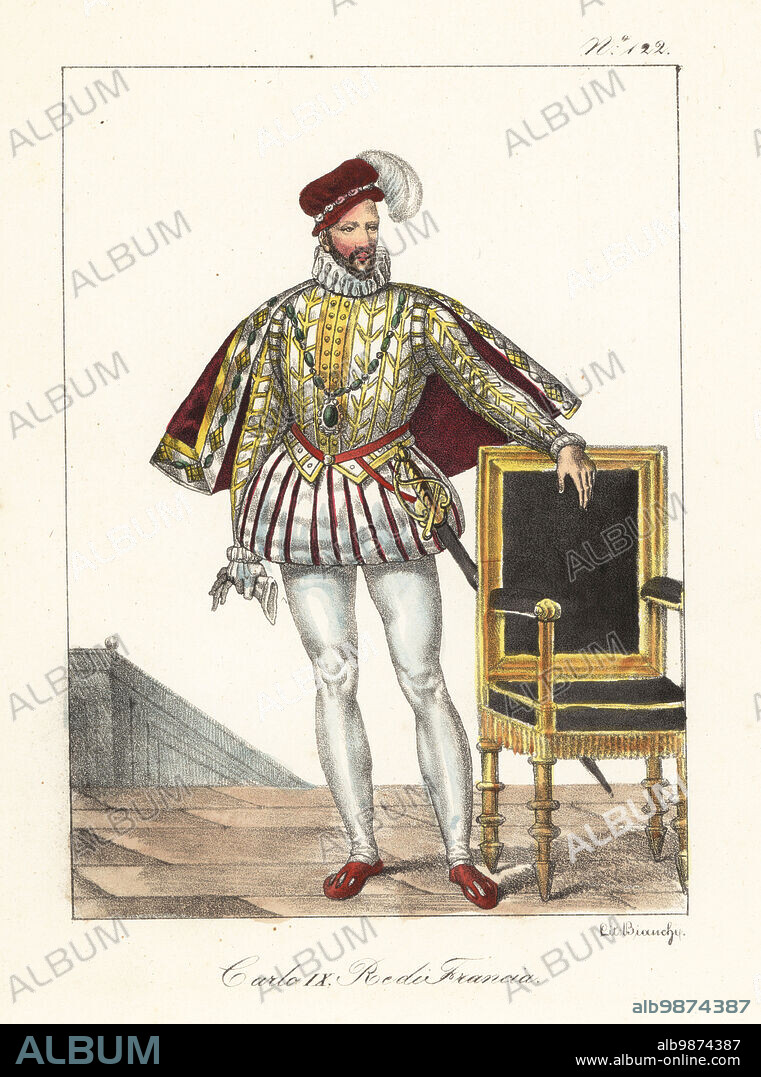 King Charles IX of France, 1550-1574. In plumed cap, short cape, embroidered doublet, slashed breeches, hose, shoes, with court sword. After a full-length portrait by Francois Clouet. Charles IX, Roi de France. Handcoloured lithograph by Lorenzo Bianchi after Hippolyte Lecomte from Costumi civili e militari della monarchia francese dal 1200 al 1820, Naples, 1825. Italian edition of Lecomtes Civilian and military costumes of the French monarchy from 1200 to 1820.