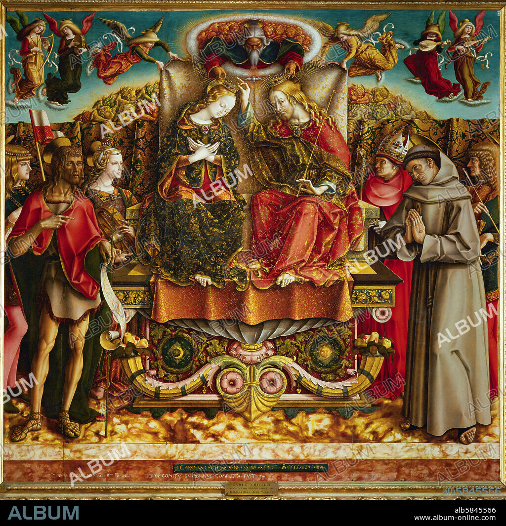 CARLO CRIVELLI (PEINTRE). Coronation of the Virgin, with Saints John Baptist, Mary Magdalen (left), Francis of Assisi and Saint Augustine (right), Oil on panel, 128 x 125 cm.