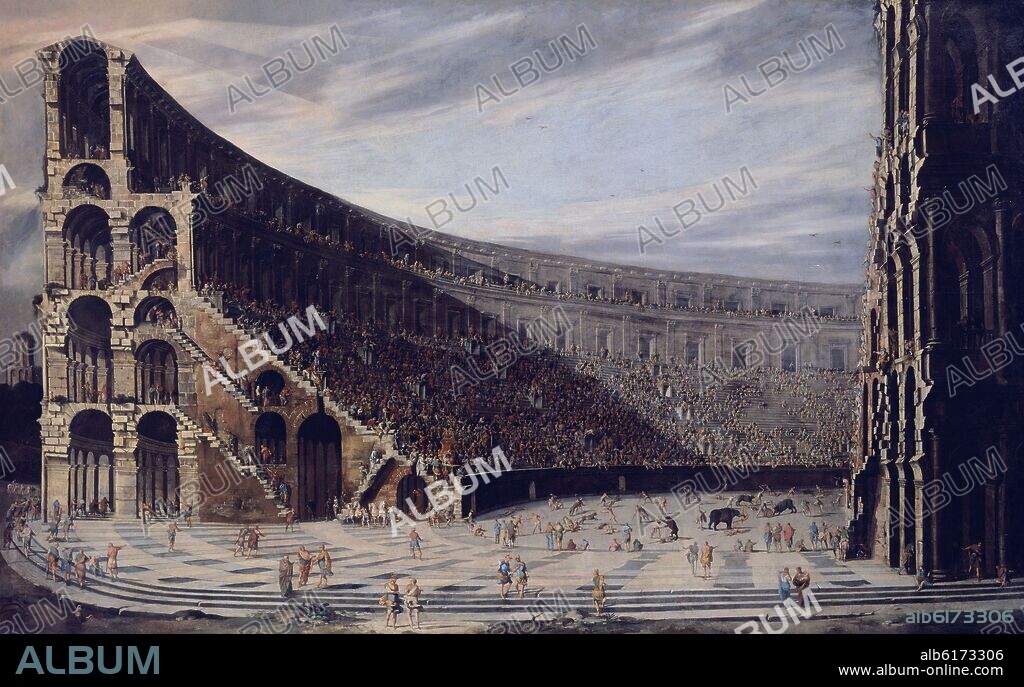 COLISEO ROMANO CON GLADIADORES LUCHANDO Y ANIMALES.