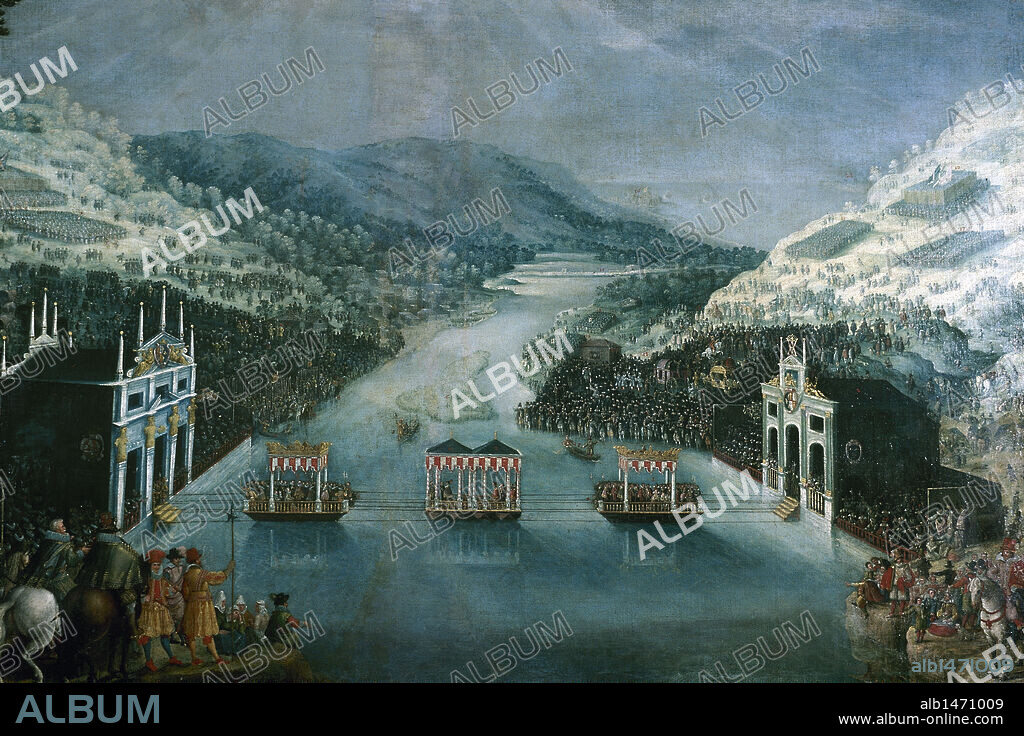 PAZ DE LOS PIRINEOS (noviembre de 1659). Tratado entre Felipe IV de España y Luis XIV de Francia negociado en la Isla de los Faisanes, en el rio Bidasoa. Consagró la superioridad militar francesa y la decadencia de España. Oleo del pintor flamenco Adam Frederich van der MEULEN (1632-1690) conocido como "LAS ENTREGAS". Real Monasterio de la Encarnación. Madrid. España. PATRIMONIO NACIONAL.