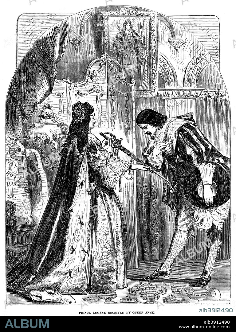 Queen Anne (1665-1714) receiving Prince Eugene (1663-1736) of Austria. Anne, Queen of Great Britain and Ireland from 1702 to 1714, was the second daughter of James II and the sister of Mary II. The Act of Union between England and Scotland was passed during Anne's reign, making her the last monarch to hold the separate titles of Queen of England and Queen of Scotland. From Cassell's Illustrated History of England.