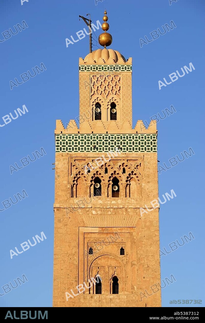 Minaret with ancient Berber ornaments Koutoubia mosque Marrakech Morocco