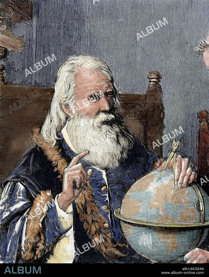 GALILEO, Galileo Galilei, llamado (Pisa,1564-Arcetri,1642). Físico, matemático y astrónomo italiano. "GALILEO DEMOSTRANDO SUS TEORIAS ASTRONOMICAS". Grabado por Rico. "La Ilustración Española y Americana" (año 1884). Coloreado.
