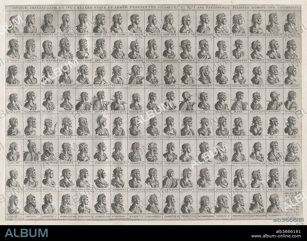 Speculum Romanae Magnificentiae: Portraits of the Emperors from Julius Caesar to Rudolf II. Artist: Giovanni Ambrogio Brambilla (Italian, active Rome, 1575-99). Dimensions: sheet: 16 7/8 x 22 1/8 in. (42.9 x 56.2 cm)
plate: 13 15/16 x 19 1/8 in. (35.4 x 48.5 cm). Publisher: Antonio Lafreri (French, Orgelet, Franche-Comte ca. 1512-1577 Rome); Claudio Duchetti (Italian, active Venice and Rome, ca. 1565-died ca. 1585). Series/Portfolio: Speculum Romanae Magnificentiae. Date: 1582.
This print comes from the museum's copy of the Speculum Romanae Magnificentiae (The Mirror of Roman Magnificence) The Speculum found its origin in the publishing endeavors of Antonio Salamanca and Antonio Lafreri. During their Roman publishing careers, the two foreign publishers - who worked together between 1553 and 1563 - initiated the production of prints recording art works, architecture and city views related to Antique and Modern Rome. The prints could be bought individually by tourists and collectors, but were also purchased in larger groups which were often bound together in an album. In 1573, Lafreri commissioned a title page for this purpose, which is where the title 'Speculum Romanae Magnificentiae' first appears. Lafreri envisioned an ideal arrangement of the prints in 7 different categories, but during his lifetime, never appears to have offered one standard, bound set of prints. Instead, clients composed their own selection from the corpus to be bound, or collected a group of prints over time. When Lafreri died, two-third of the existing copper plates went to the Duchetti family (Claudio and Stefano), while another third was distributed among several publishers. The Duchetti appear to have standardized production, offering a more or less uniform version of the Speculum to their clients. The popularity of the prints also inspired other publishers in Rome to make copies however, and to add new prints to the corpus. 
The museum's copy of the Speculum entered the collection as a group of 3 albums with inlaid engravings and etchings. The prints have since been removed, but the original place of each print within the album is contained in the accession number: 41.72(volume.place).
Originally volume 3, plate 97 in the scrapbook.