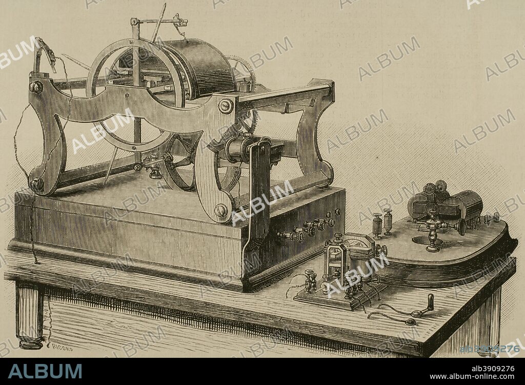 New telegraph to transmit facsimiles, exact copies of handwritten documents. The paper for writing the documents was chemically prepared. It was devised and built by the industrial engineer W.E. Sawyer, from New York, United States. Engraving. La Ilustracion Espa–ola y Americana, April 8, 1876.