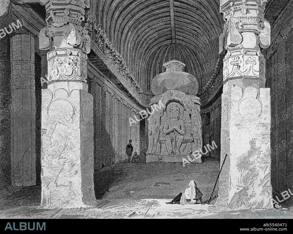 GEORGE CATTERMOLE. 'Interior of the Bisma Kurm, Caves of Ellora', 1834. Rock-cut Hindu temple caves in Maharashtra, India. From "Views in India, China and on the Shores of the Red Sea, Vol. II". [Fisher, Son & Co., London, 1835].