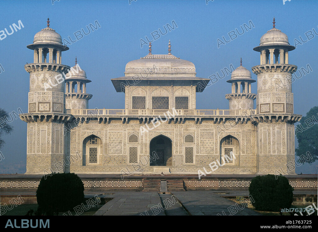Mausoleum of Itimad ud Daulah, by Unknown Artist, 1622-1628, 17th Century,. India, Uttar Pradesh, Agra, Agra, Mausoleum of Itimad-ud-Daulah. Itimad ud Daulah, front view of the Mausoleum of Mirza Ghiyas Beg. The tomb rises at the center of a perfectly built chahar bagh on bank of the Yamuna River. Four small octagonal towers resembling minarets support four chattri. The outside of the mausoleum is thoroughly covered with hard stone and marble inlays inlaid work marquetry. 2009 photograph.
