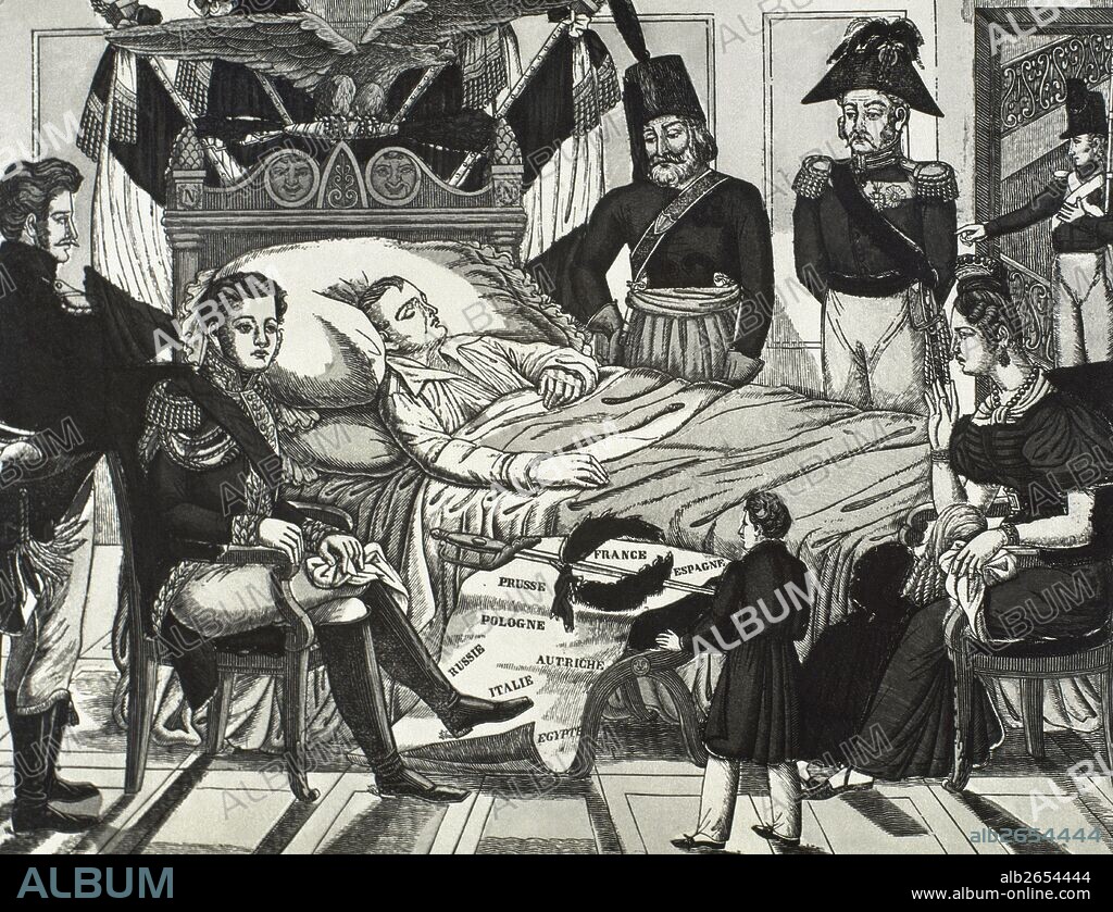 NAPOLEON I BONAPARTE (Ajaccio, 1769-Santa Elena, 1821). Brillante general y admirable administrador, se convirtió en Cónsul Vitalicio (1802) y luego en Emperador de los franceses (1804-1815). Vencido en Waterloo el 18 de junio de 1815, se entregó a los británicos, que lo desterraron a la isla de Santa Elena (en el Atlántico Sur). Allí murió el 5 de mayo de 1821. "MUERTE DE NAPOLEON". Grabado.