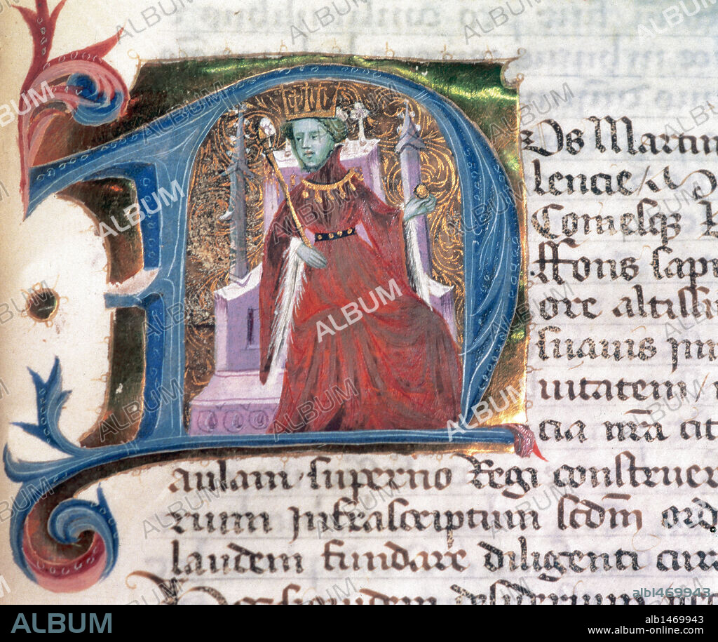 MARTIN I 'el Humano' (1356-1410). Rey de Cataluña y Aragón (1396-1410). Retrato del rey en una letra capitular del 'Libro de Privilegios de la Cartuja de la Vall de Christ'. Códice h. 1385. S. XIV. Folio 31. Procede de Segorbe, provincia de Castellón. Biblioteca de Cataluña. Barcelona.
