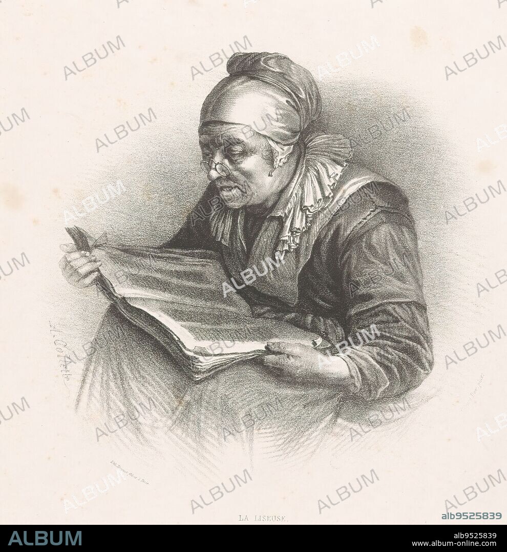 Old woman reading, La liseuse (title on object), print maker: Alexandre Collette, (mentioned on object), after painting by: Gerard Dou, (mentioned on object), printer: Breguet & Fils, (mentioned on object), Paris, 1856, paper, height 301 mm × width 237 mm.