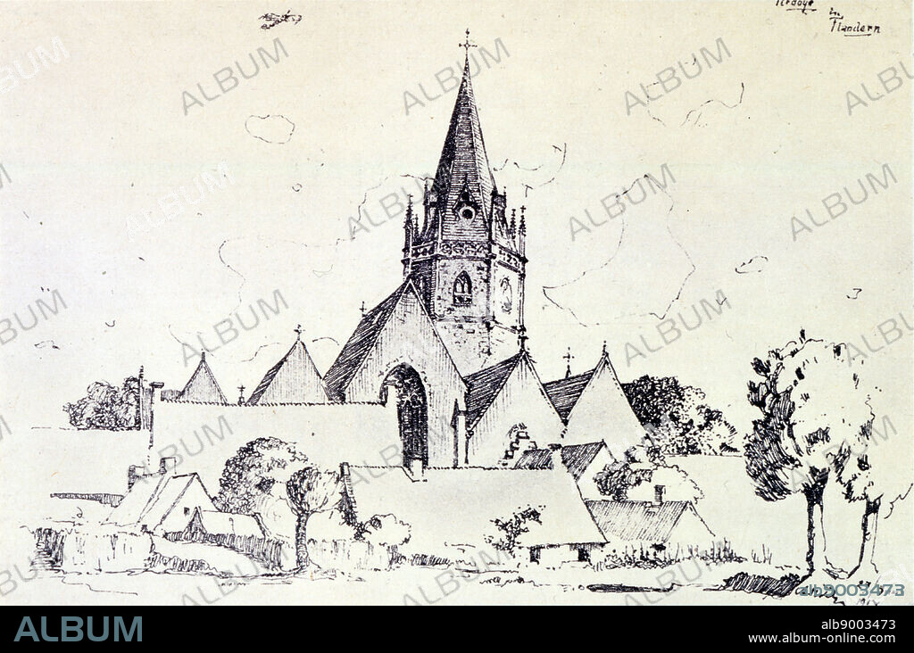 Drawing by Adolf Hitler depicting the village of Ardoye in Flanders 1917.
