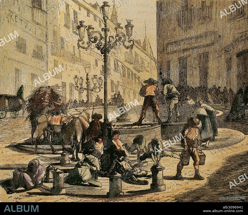 HISTORIA DE ESPAÑA. MADRID. "LA EX-FUENTE DE LA PUERTA DEL SOL, A FINALES DEL SIGLO XVIII, INICIOS DEL SIGLO XIX". En el siglo XVI la Puerta del Sol estaba decorada con dos fuentes dedicadas a Venus. Grabado coloreado del siglo XIX.