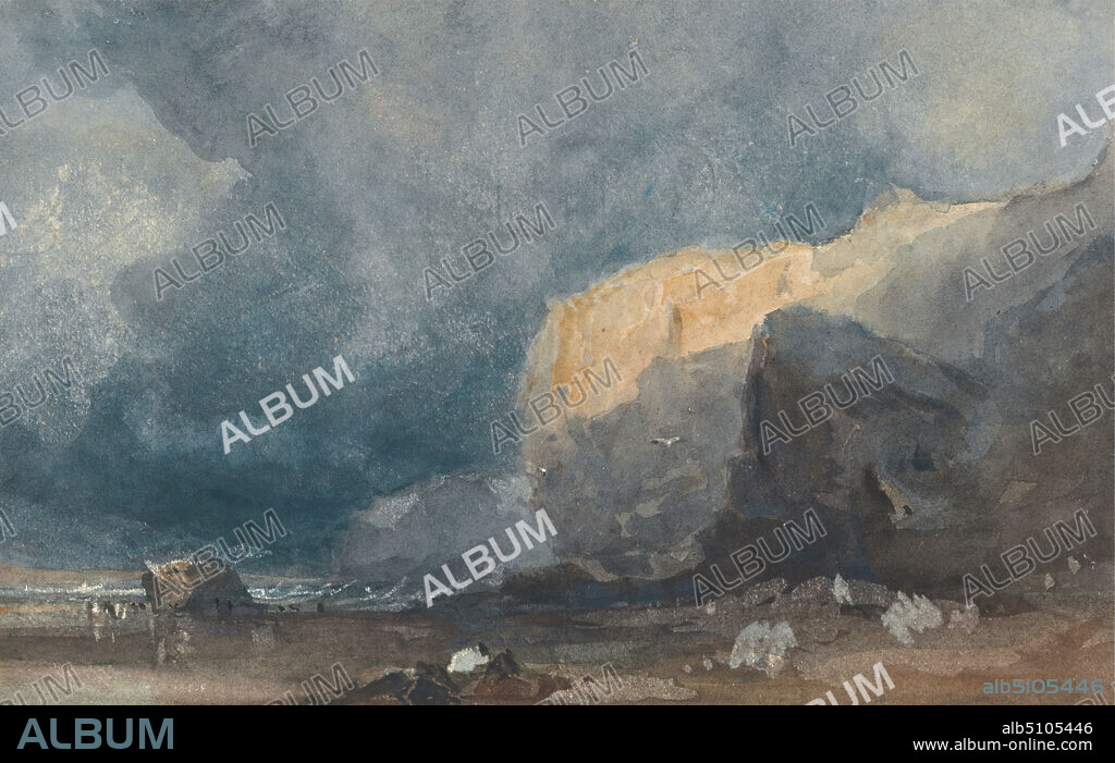 Near Ventnor - Coastal Landscape with Dark Sky, attributed to Eugene Isabey, 18031886, French, formerly attributed to David Cox, 17831859, British, undated, Watercolor with scratching out on thick, slightly textured, cream wove paper, Sheet: 4 5/8 x 7 1/4 inches (11.7 x 18.4 cm), coastline, dark, landscape, sky, England, Europe, Isle of Wight, United Kingdom, Ventnor.