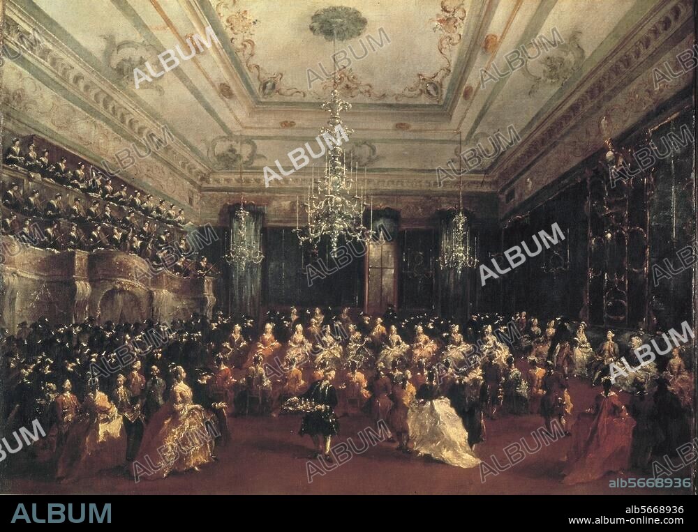 FRANCESCO GUARDI. Guardi, Francesco. 1712-1793. "Venetian Gala Concert", 1782. Oil on canvas, 68 × 91cm. Munich, Alte Pinakothek.