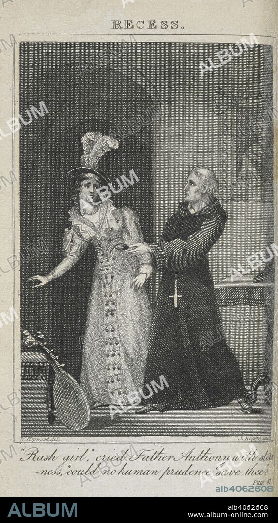 SOPHIE LEE and HOPWOOD. An engraving showing a woman and a monk. A historical romance set during the reign of Elizabeth I, it is one of the earliest Gothic novels. . The Recess; or a Tale of other times ... Three volumes in one. London : S. Fisher, [1825?]. Source: 012635.a.28 frontispiece.