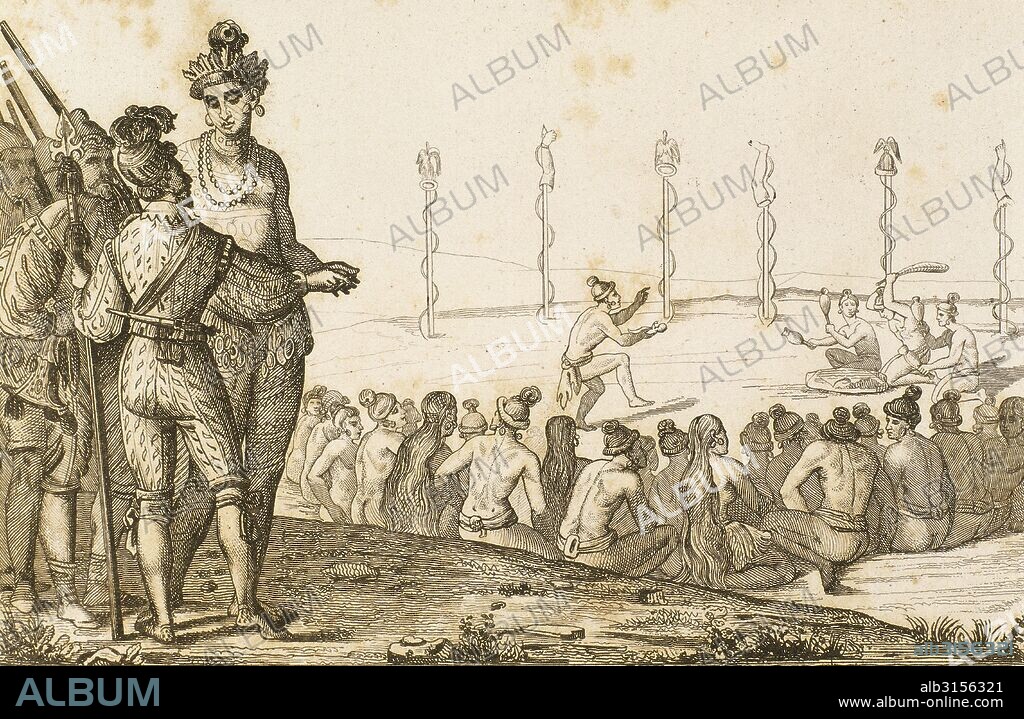 Guerreros indios americanos del siglo XVI. Diferentes trofeos después de la victoria obtenida. Grabado por Vernier y Thibeault. Historia de los Estados Unidos de América, por Roux de Rochelle,1841.