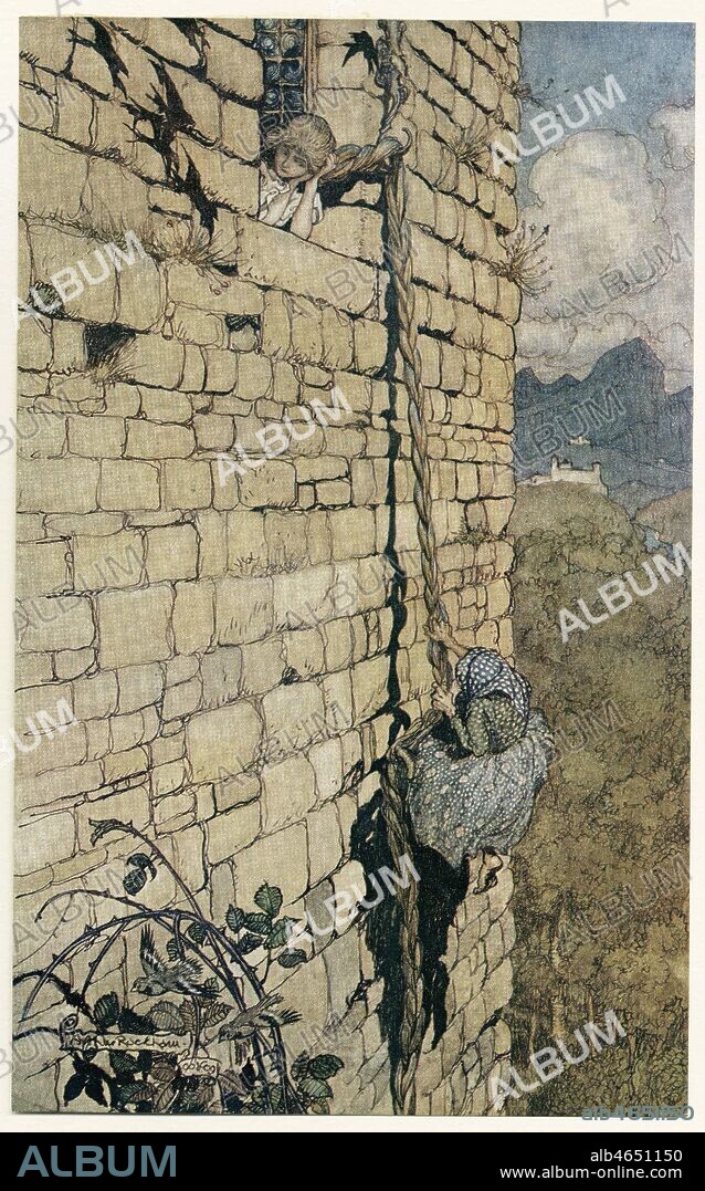 RAIPONCE ou Rapunzel (ou Doucette selon les versions) , conte de GRIMM. La sorciere est suspendue aux cheveux et monte a la tour en s'accrochant a la tresse de la jeune fille qu'elle sequestre. Illustration par Arthur RACKHAM (1867-1939) vers 1900 in "GRIMMS FAIRY TALES" edition originale, Edit. Doubleday, Page&Co, a N-Y en 1909, ouvrage conserv dans nos locaux. Credit : Collection KHARBINE-TAPABOR.
