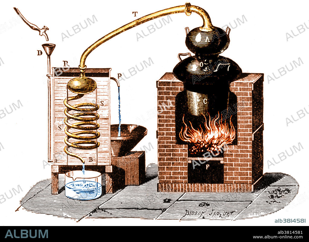 Illustration from an 1892 Chemistry book for distillation by means of a metallic still. Retort and attachments sits on a furnace; neck is connected to coils immersed in a container (cutaway for view) of cold water. The liquid in C is heated by the fire F. The vapors rise through the head A and pass by the tube T to the worm S placed in a vessel through which a current of cold water flows by means of tubes D and P. Distillation can be used to purify water or other substances, or to remove one component from a complex mixture, as when gasoline is distilled from crude oil or alcohol from a mash.